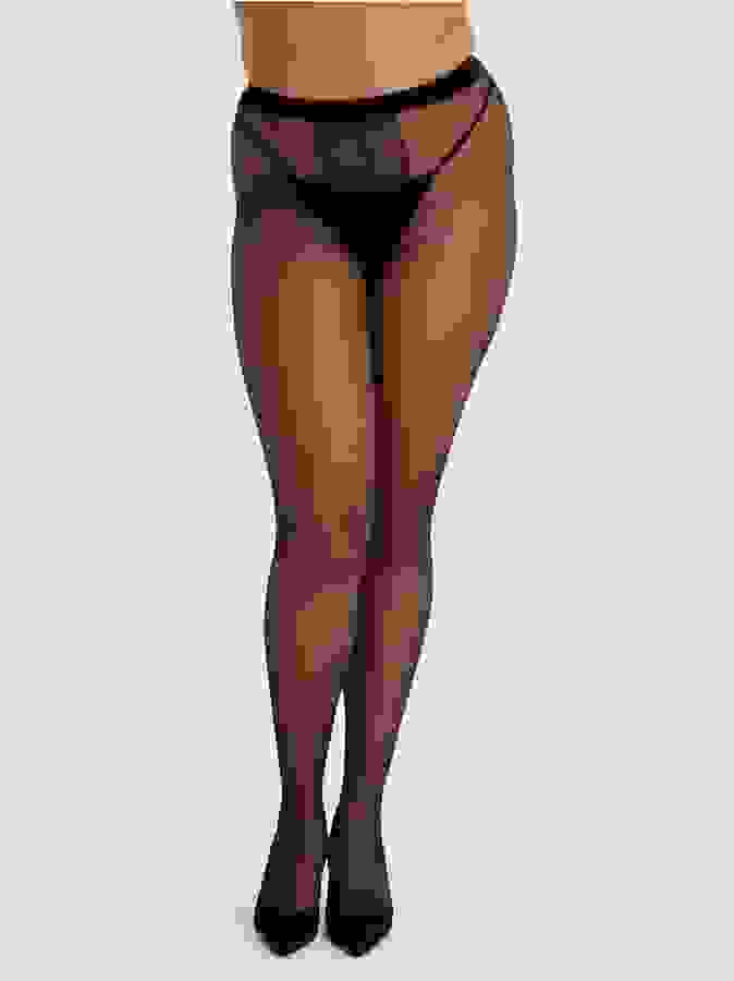 Lovehoney Plus Size Black Sheer Open Gusset Tights , Black, hi-res